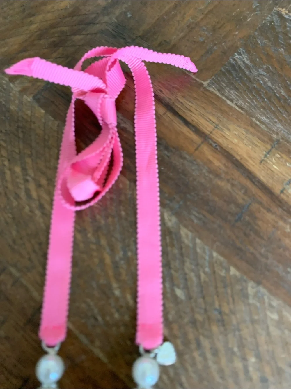 Girls Pink Ribbon Faux Pearl Necklace with Heart Charm